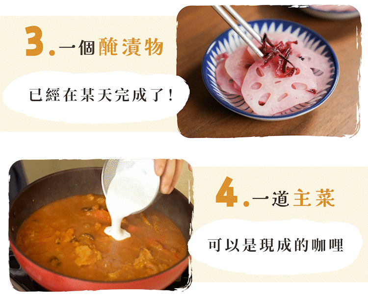 “適合小家庭備餐的高效率SOP，準備醃製物與主菜”