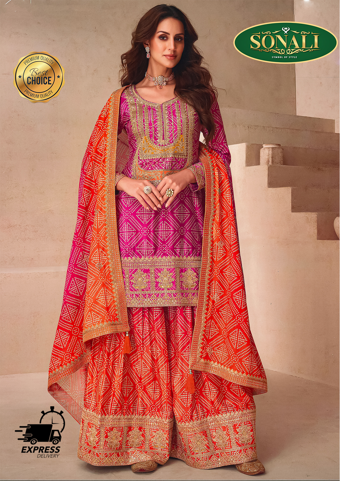Sonali's Premier Quality Designer Chinon Silk Readymade Suits Free Size - LSK439