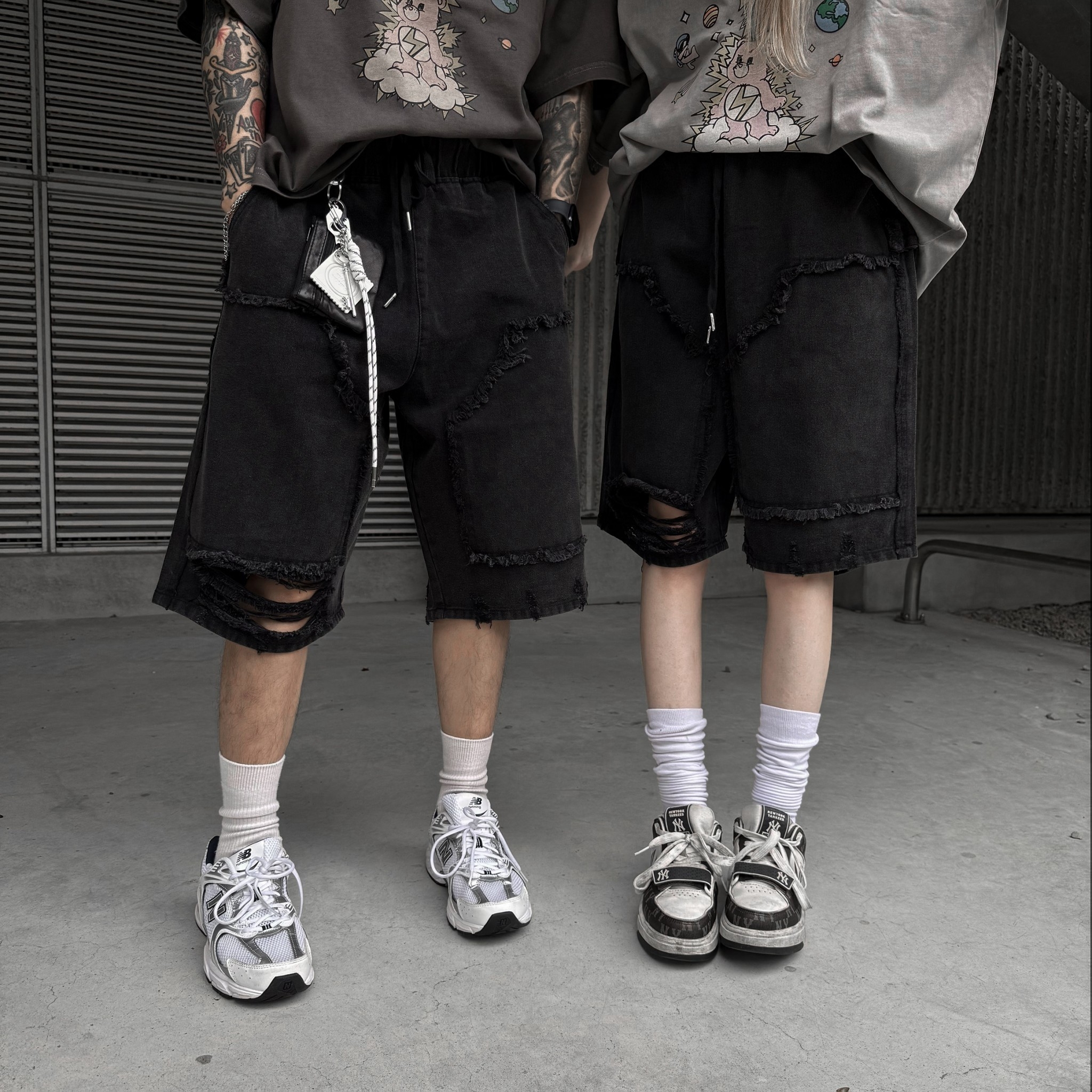 男女不拘黑系破壞七分牛仔報童褲 68893