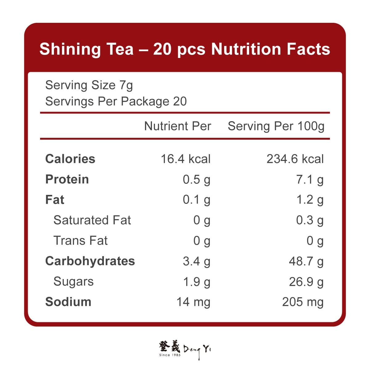 Shining Tea – 20 pcs Nutrition Facts