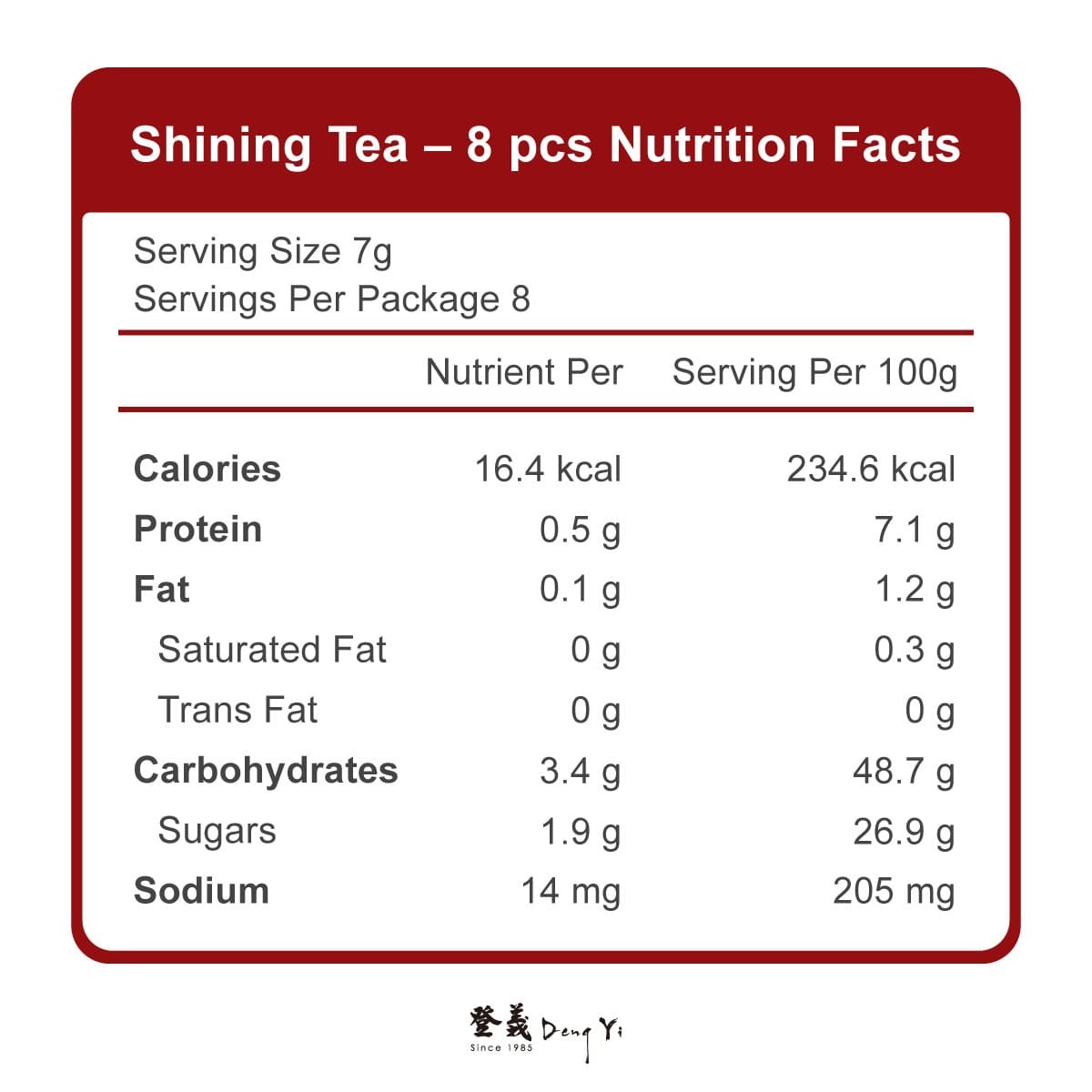 Shining Tea – 8 pcs Nutrition Facts