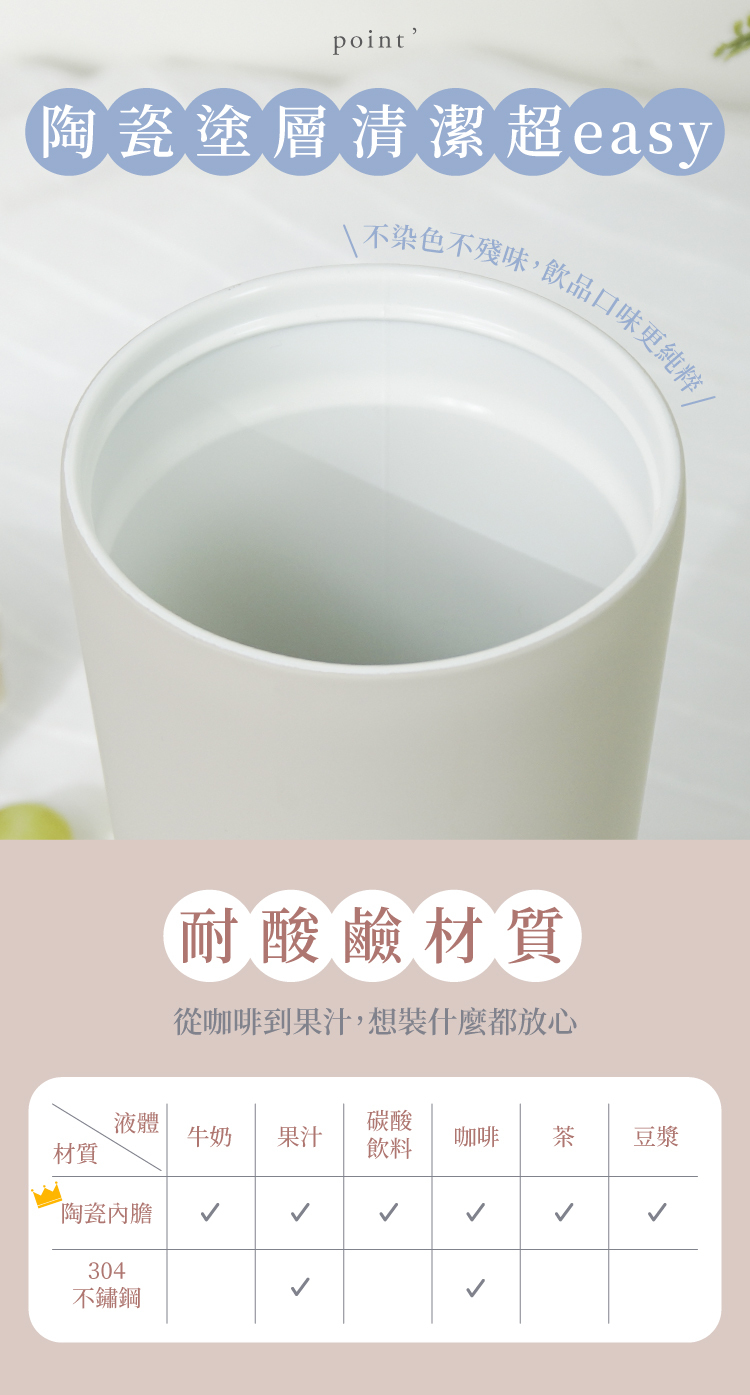 陶瓷塗層保溫杯清潔容易耐酸鹼