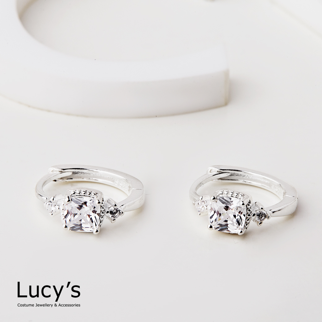 925純銀 閃耀方鑽 易扣耳環 (118827)