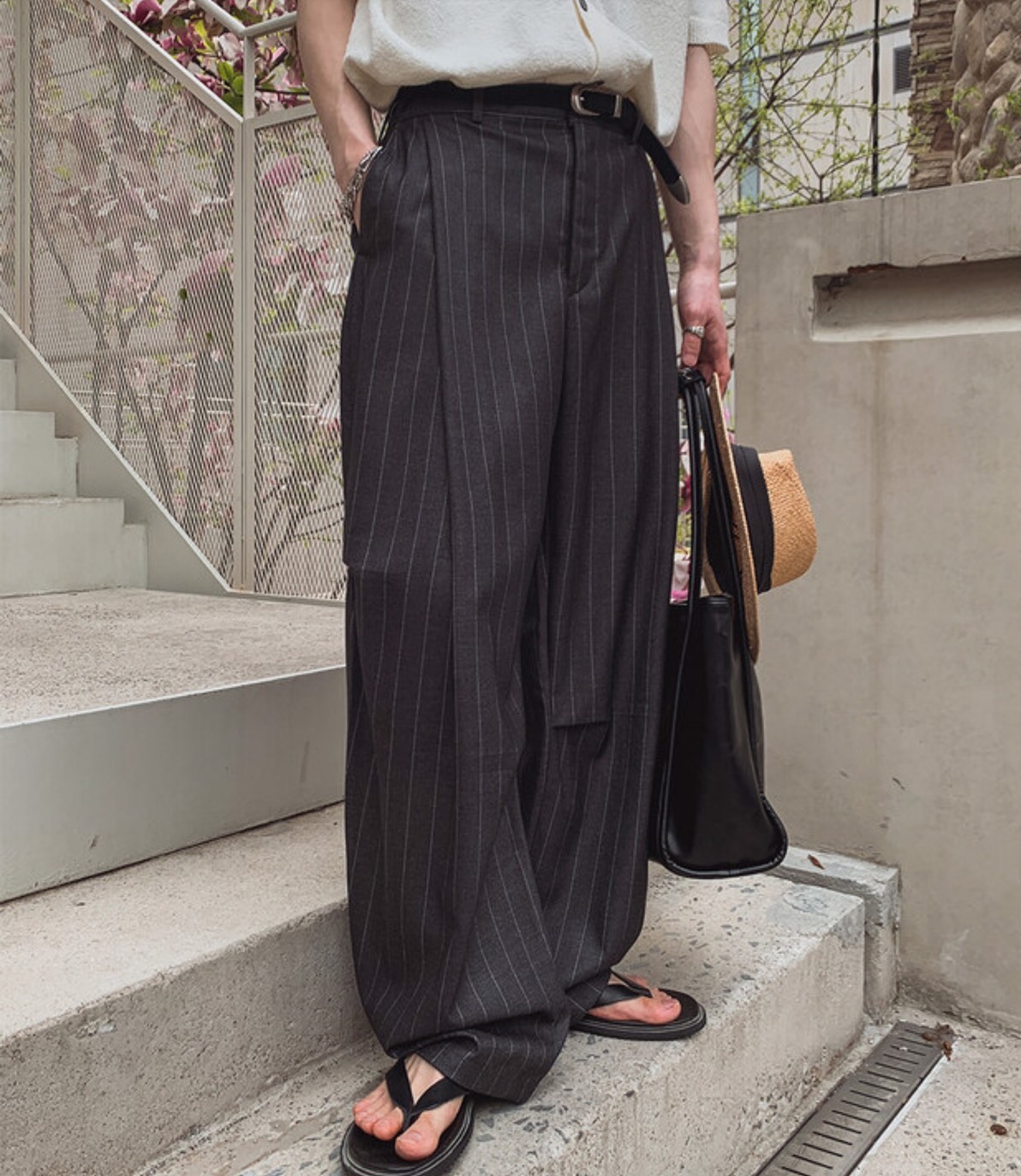 前開褶皺直條紋西裝褲