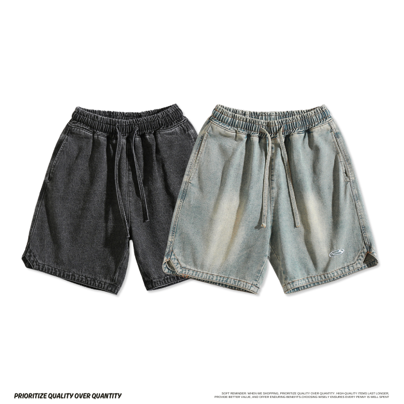 復古刷色刺繡三角開岔牛仔短褲