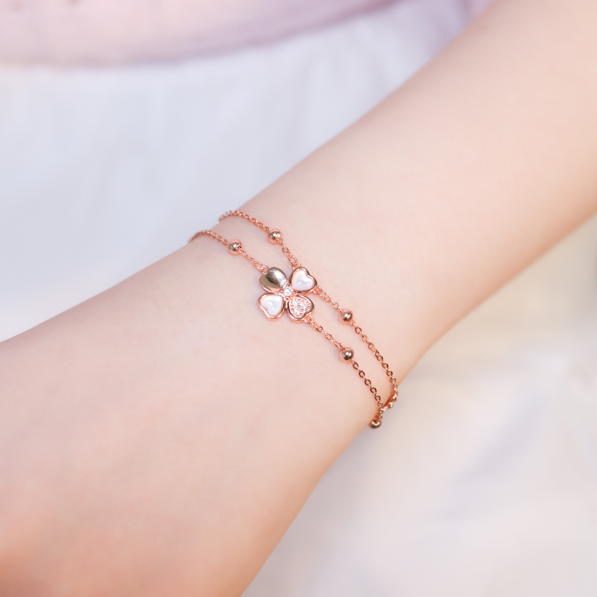 | 925純銀・厚鍍玫瑰金 | 幸福瀰漫雙層手鏈 | BR1330 |