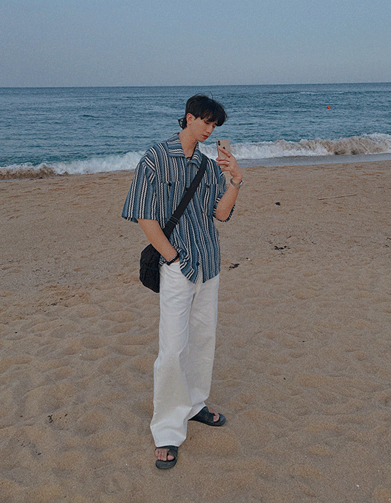 多條紋短袖襯衫