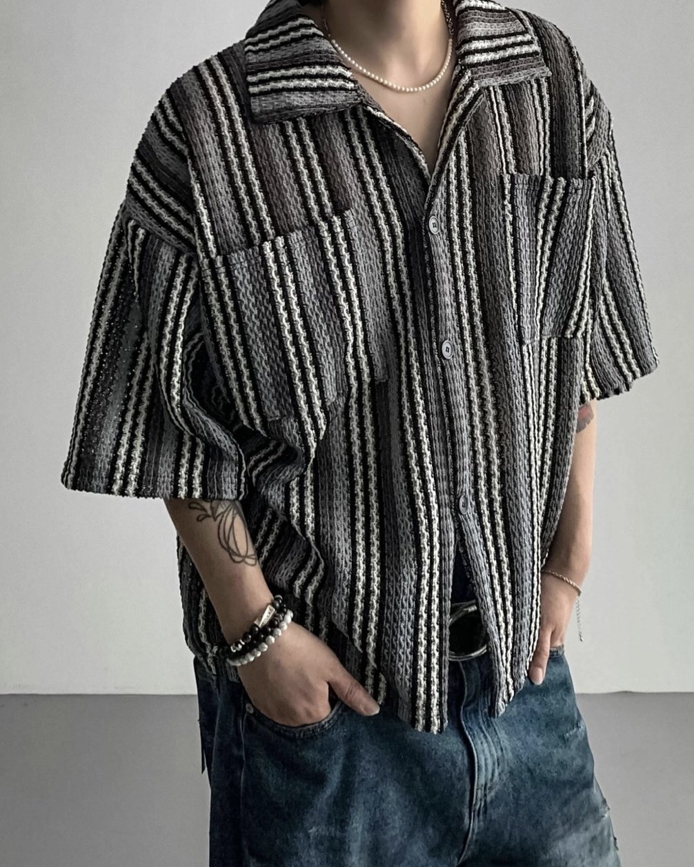 多條紋短袖襯衫