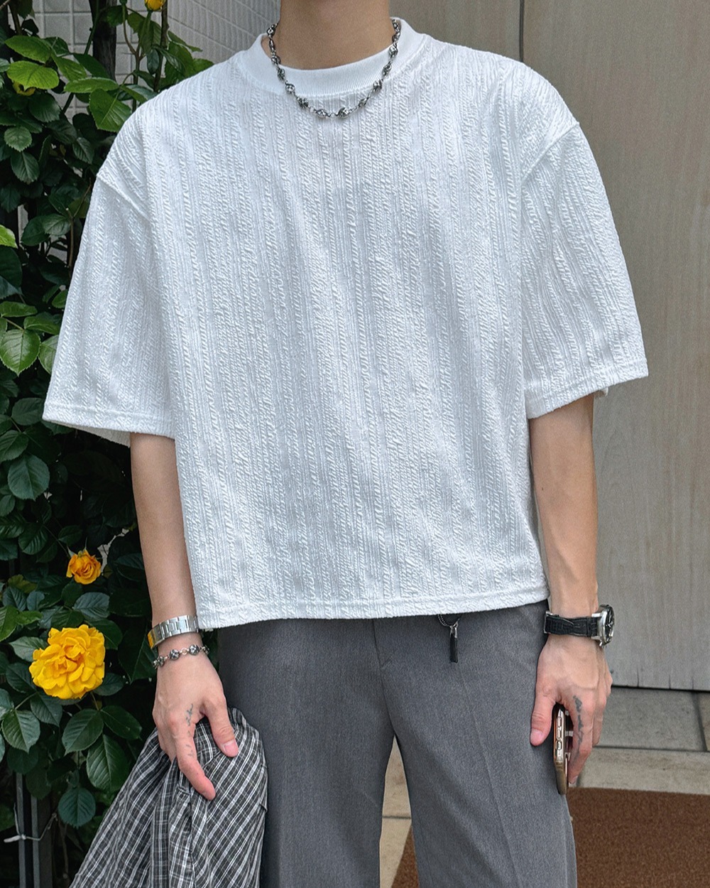 提花短版短袖上衣