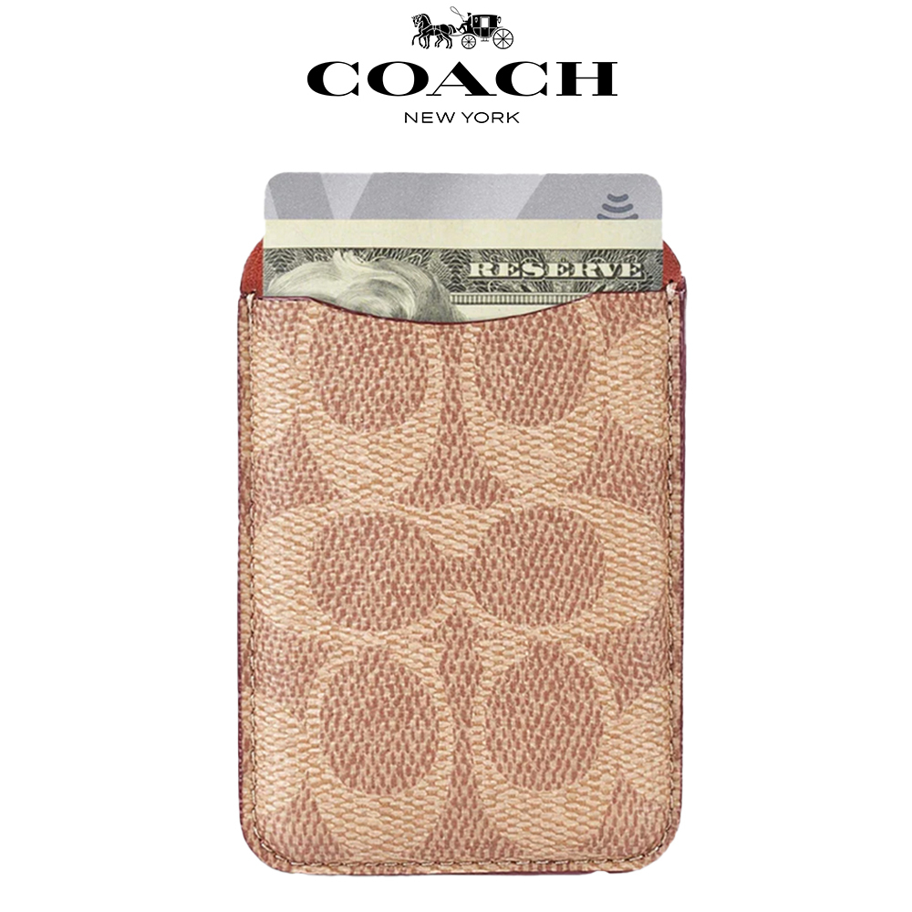 【COACH】精品MagSafe義大利真皮卡套 經典卡其