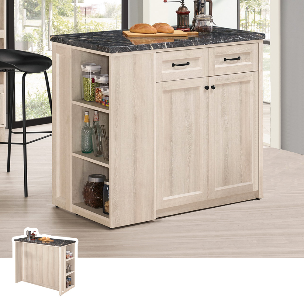 莉蒂3.9尺中島型黑色石面吧台桌+餐櫃/多功能收納餐桌櫃組合