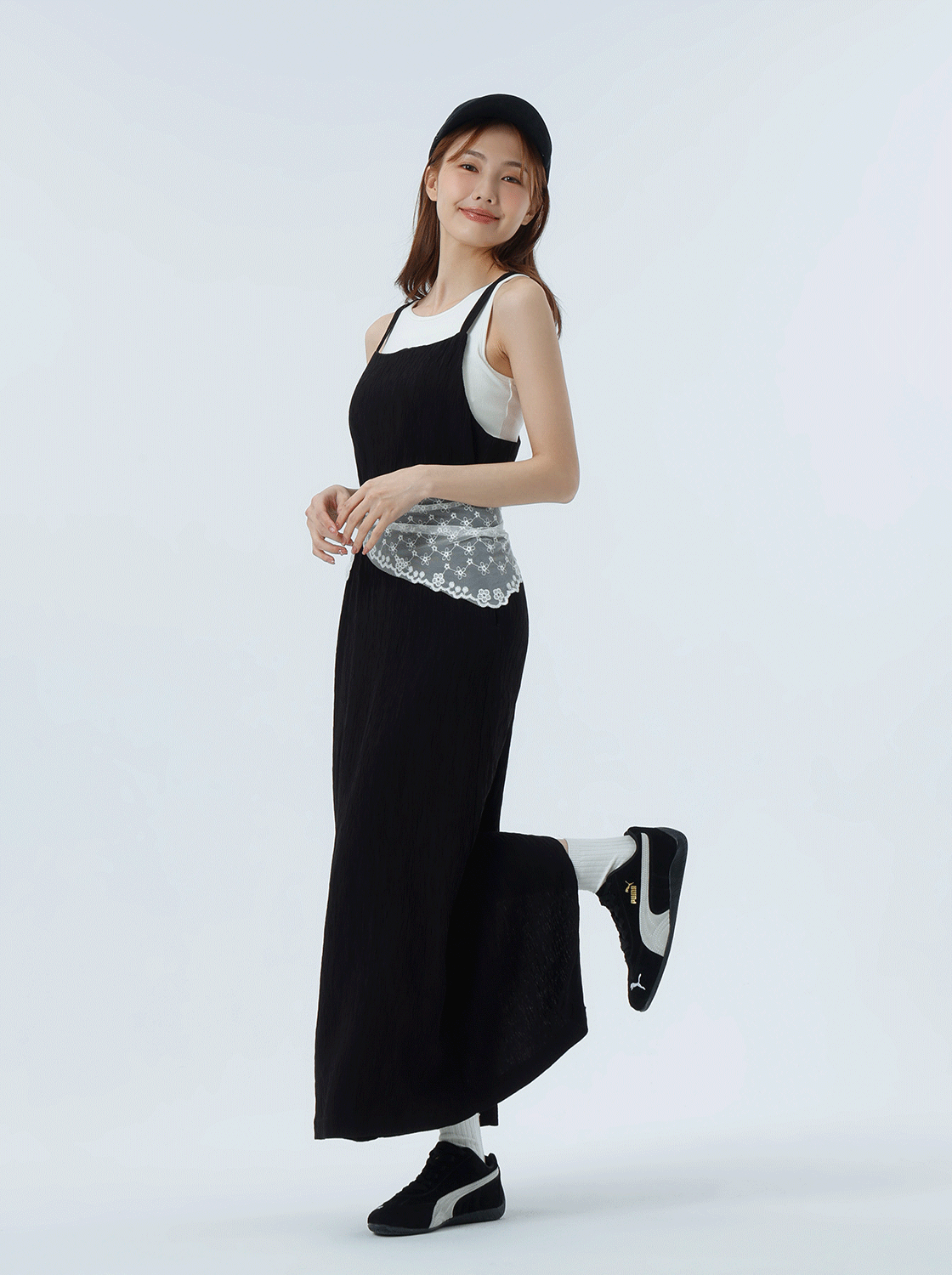 雙肩帶後開岔無袖洋裝