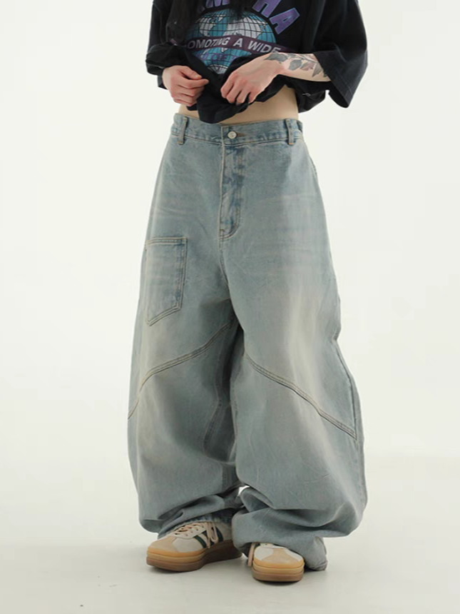 後口袋剪裁寬牛仔褲
