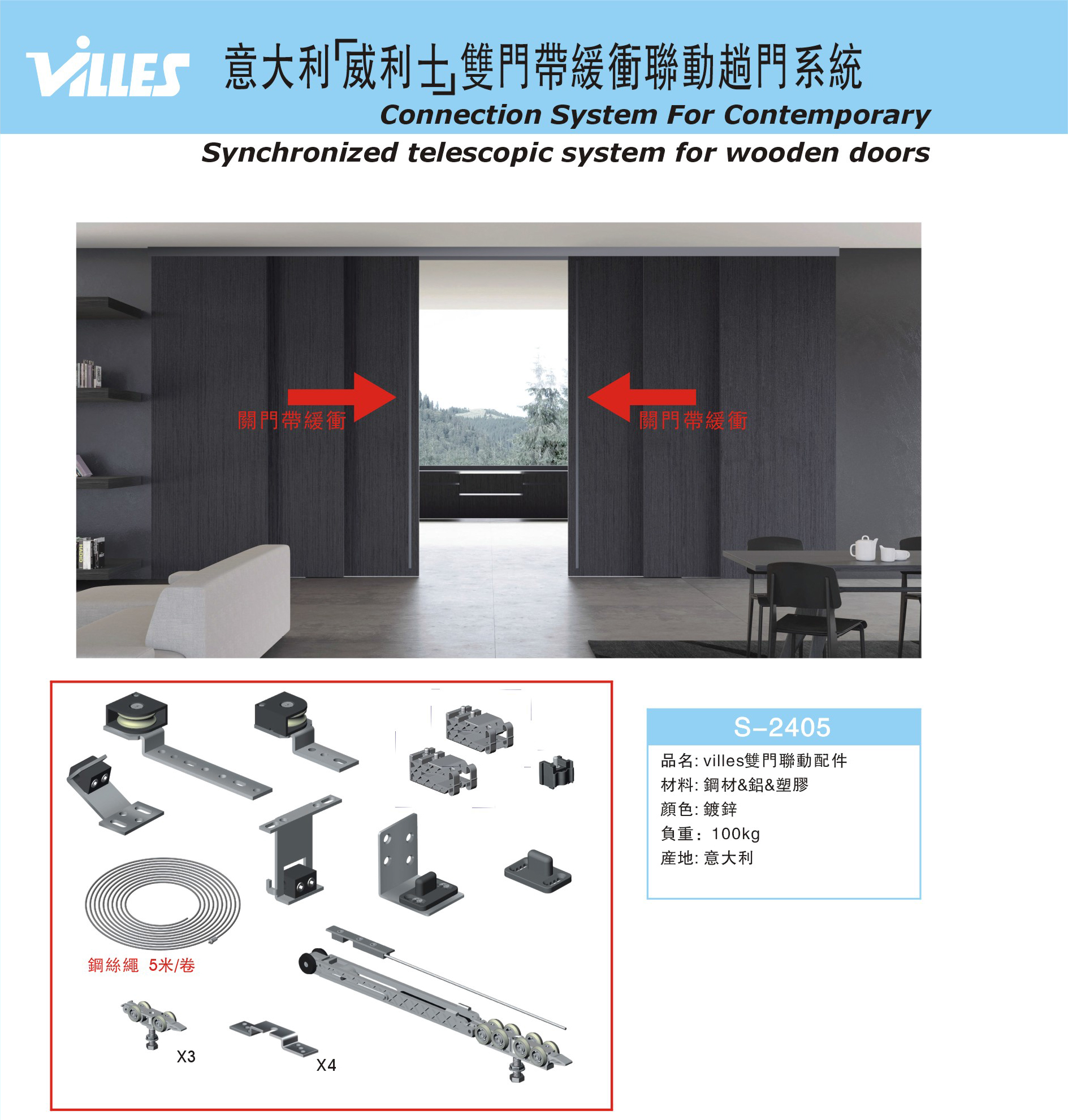 意大利"VILLES"雙門帶緩衝聯動趟門系統