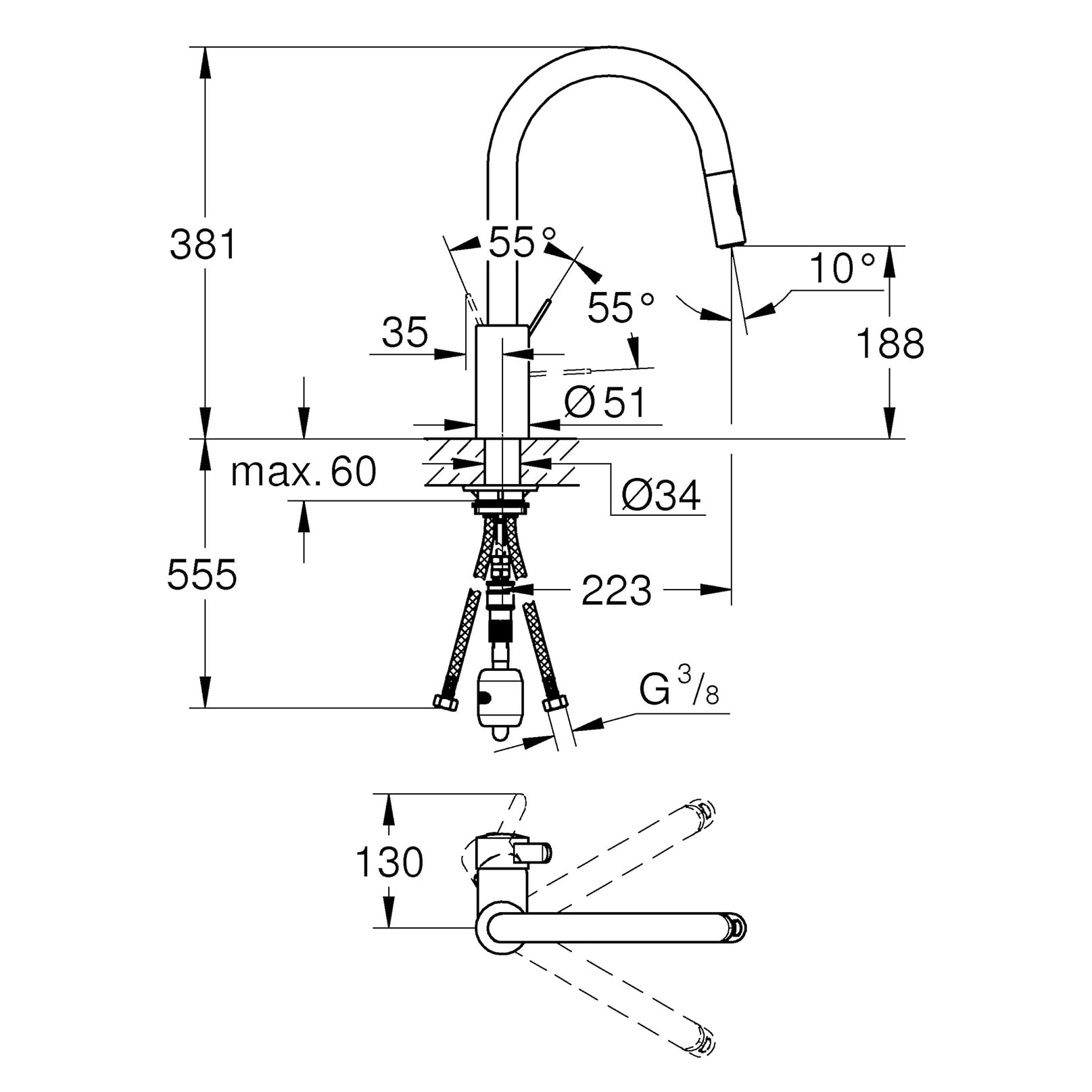 GROHE｜Eurosmart Cosmo廚房伸縮切換龍頭（鉻色）1000534