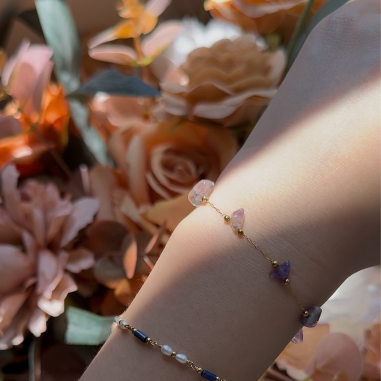 靜紫流光的思緒 不規則天然石 紫水晶 鈦鋼手鏈