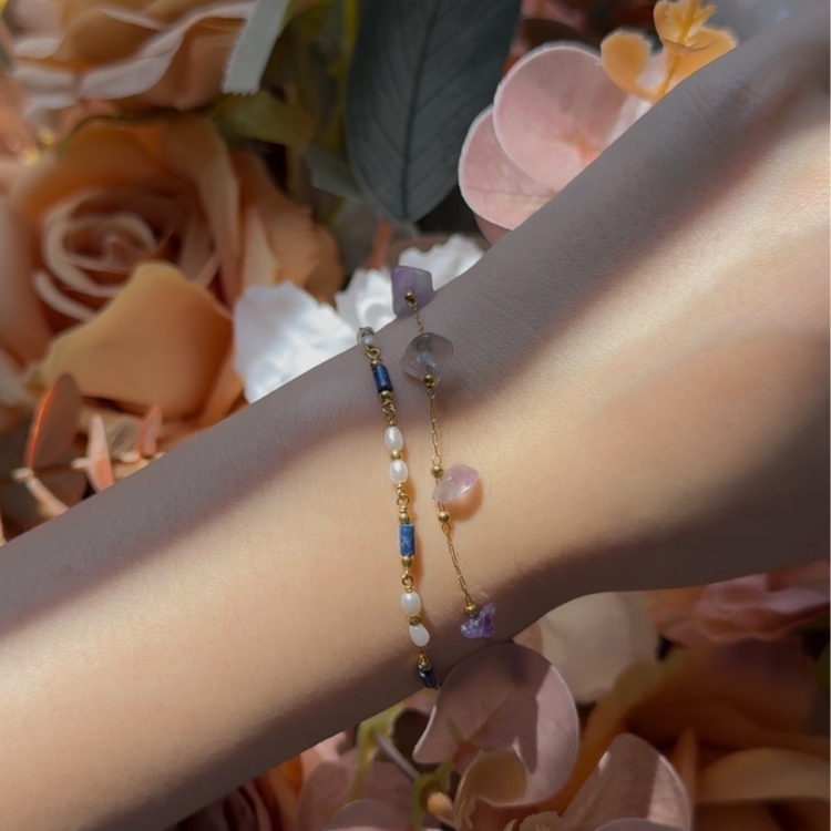 靜紫流光的思緒 不規則天然石 紫水晶 鈦鋼手鏈