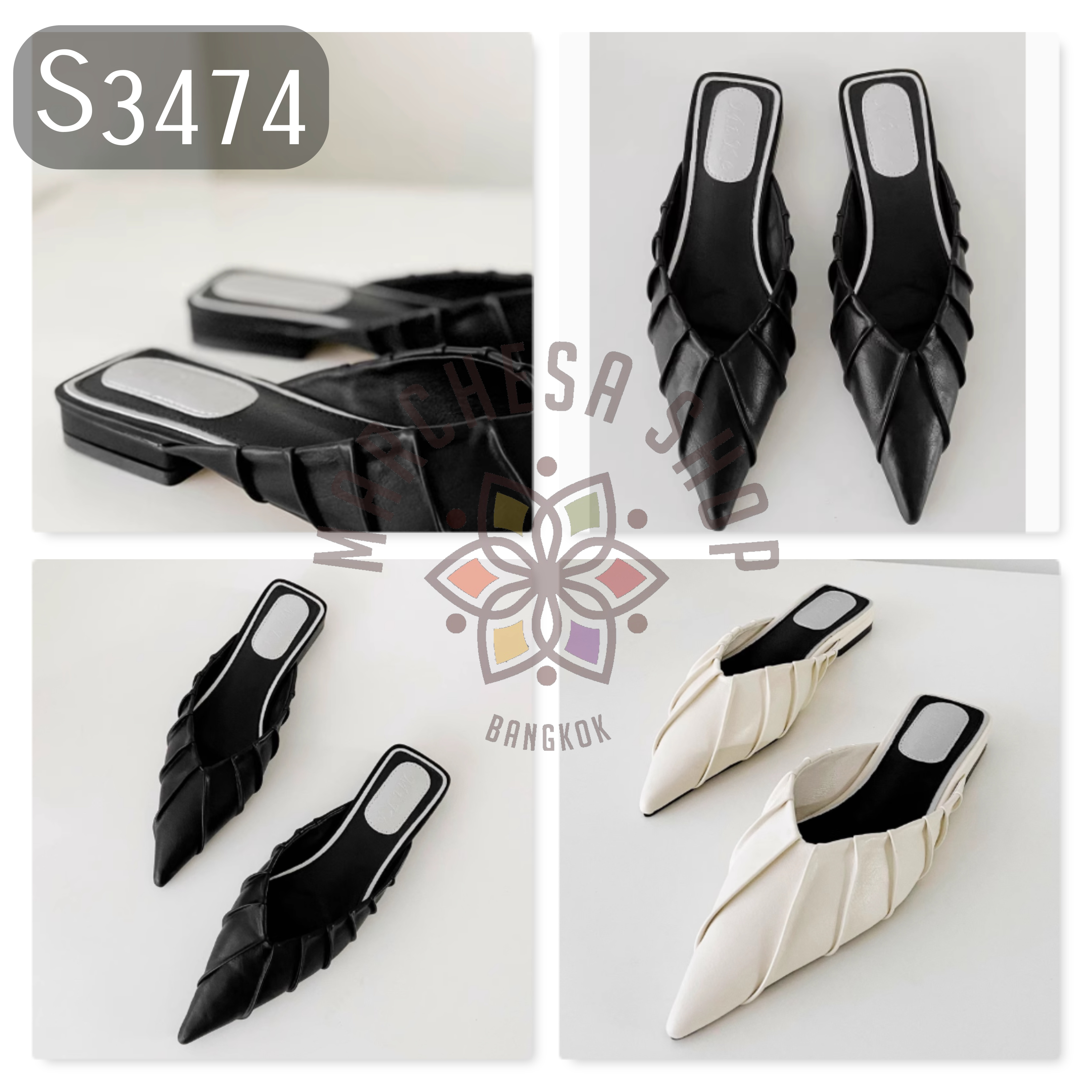 S3474 - 頭層小羊皮皺摺尖頭平底涼拖