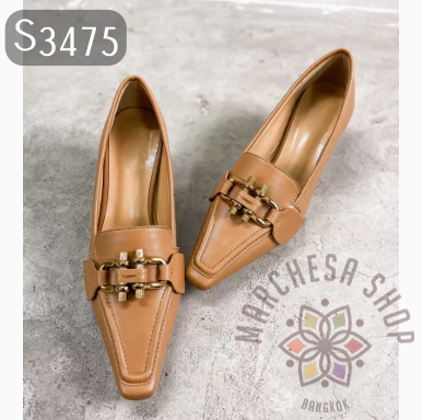 S3475 - 頭層小羊皮金扣方頭高踭鞋