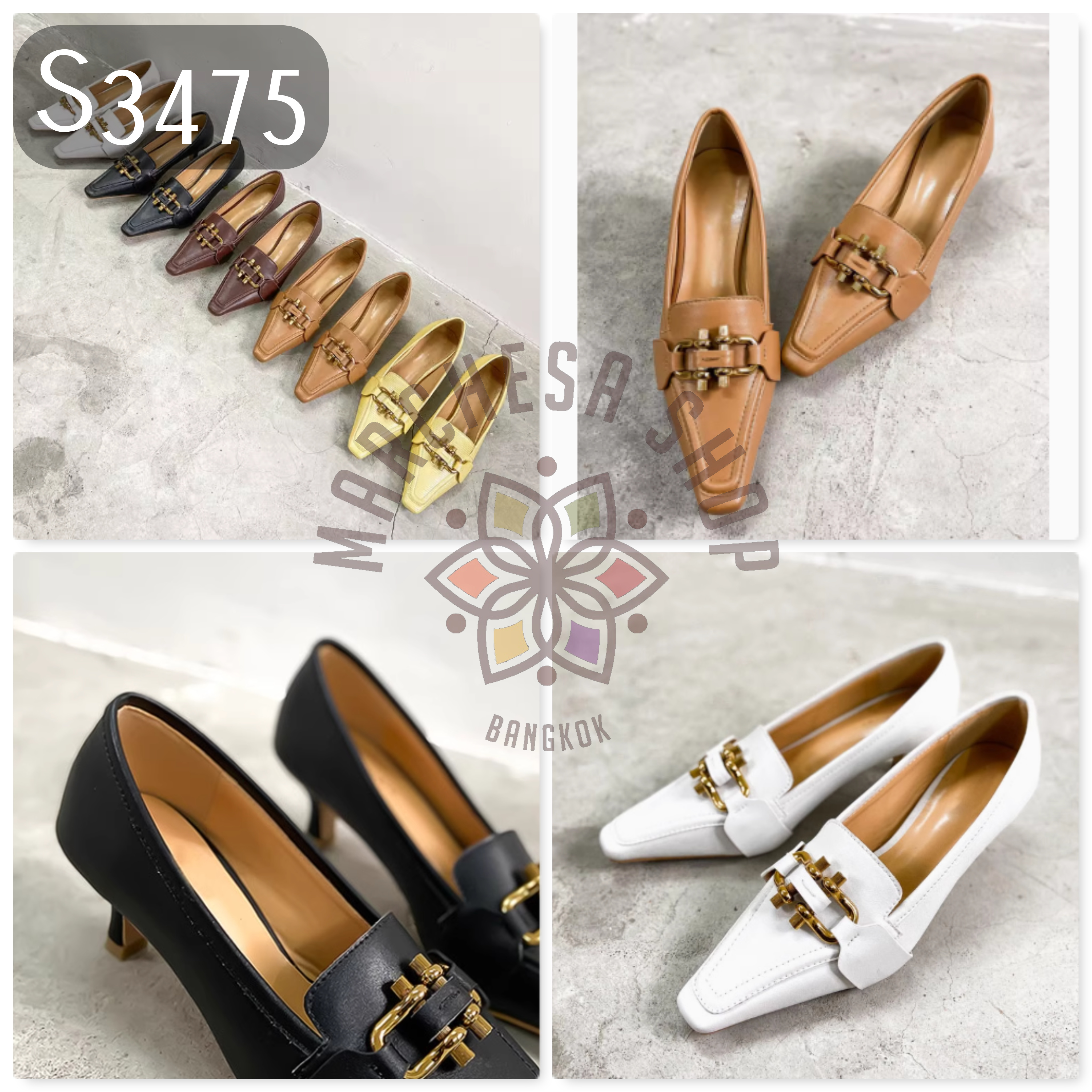 S3475 - 頭層小羊皮金扣方頭高踭鞋