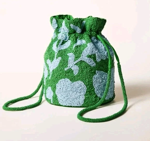 [S] KATE SPADE GREEN/BLUE BEADED CLASSIC ROSE DRAWSTRING BUCKET BAG, 198850232211 (SKS1636)