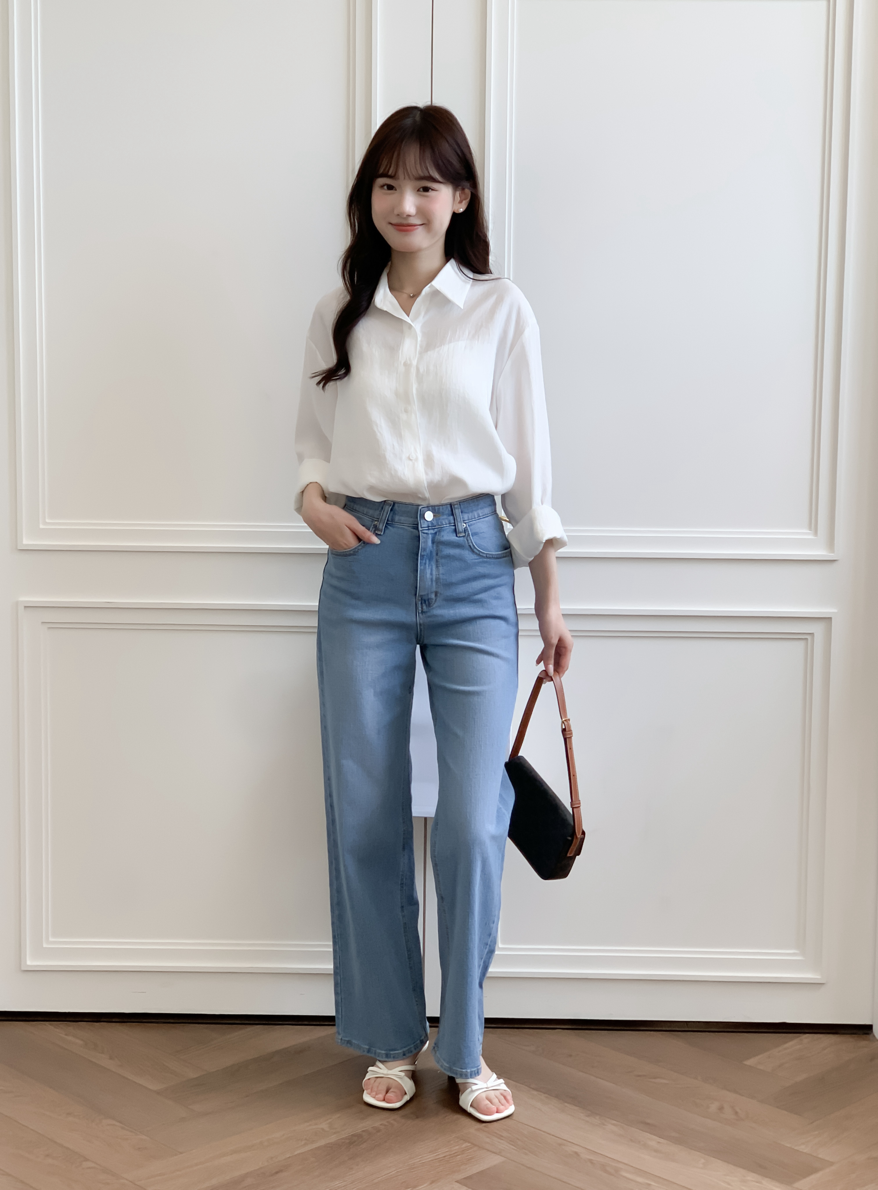 🚀當日出貨 Premium cotton 直筒寬版顯瘦牛仔褲  ( 1 colors )隱藏彈力腰圍