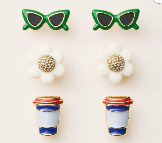 [S] KATE SPADE GREEN/BLUE/WHITE MIXED NOVELTY STUD EARRINGS 3PK, 198850232563 (SKS1638)