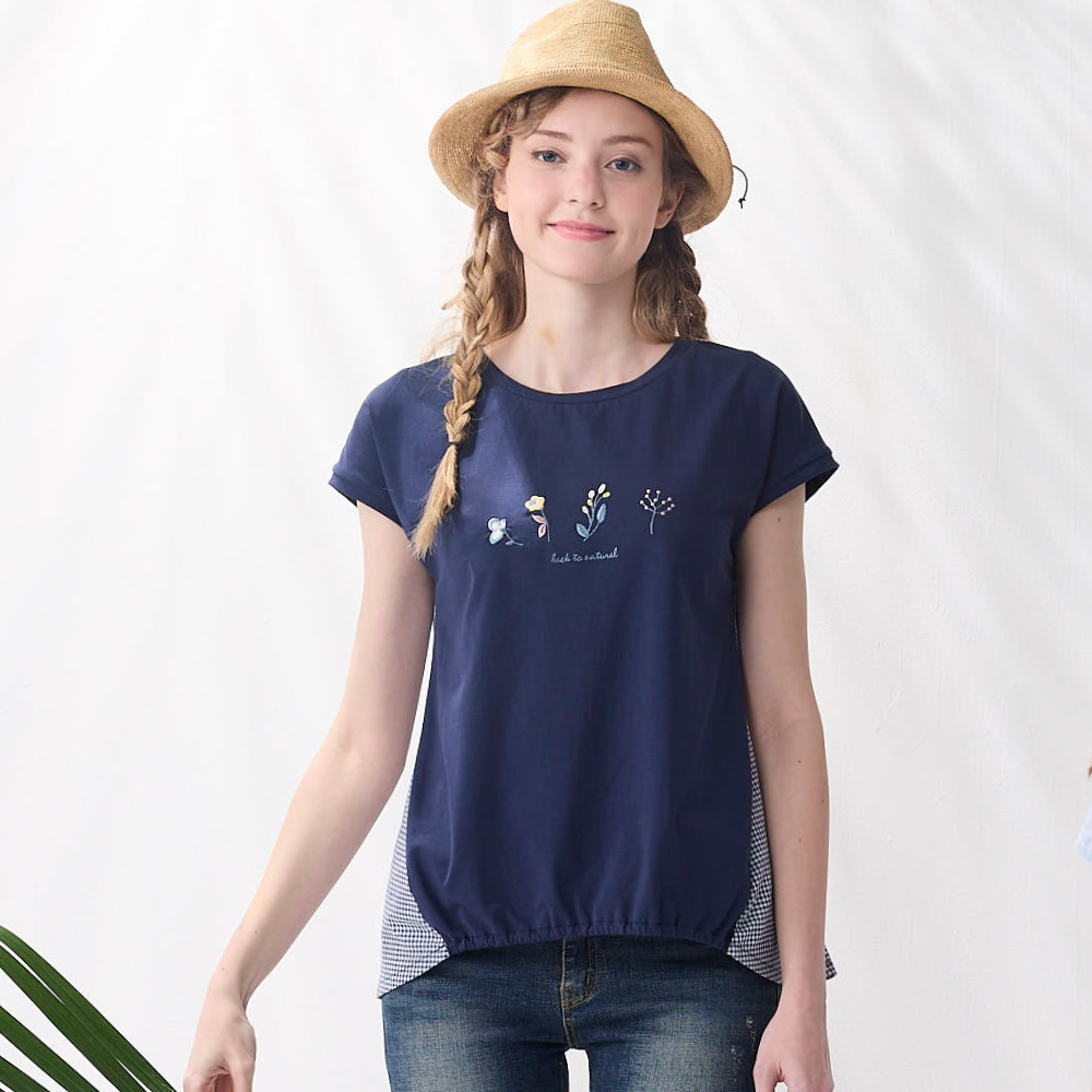 PIPPY精緻花卉刺格紋圓領上衣 丈青