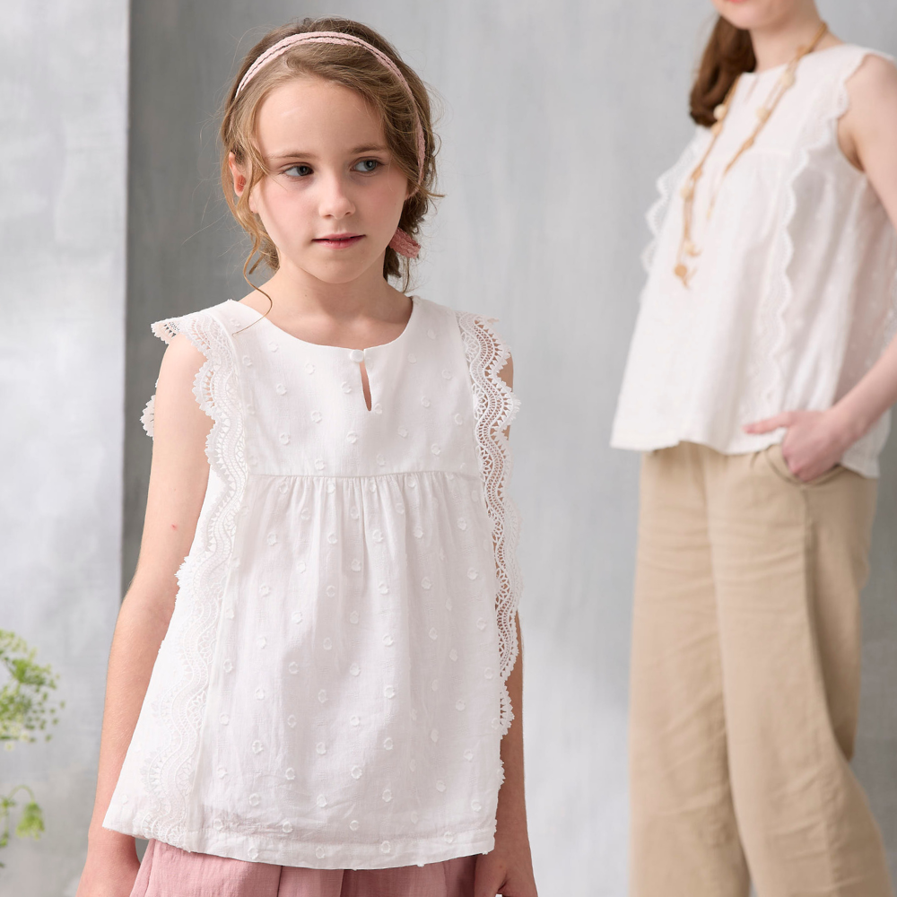 PIPPY 浪漫仙女蕾絲純棉微波浪抽皺棉質上衣 白