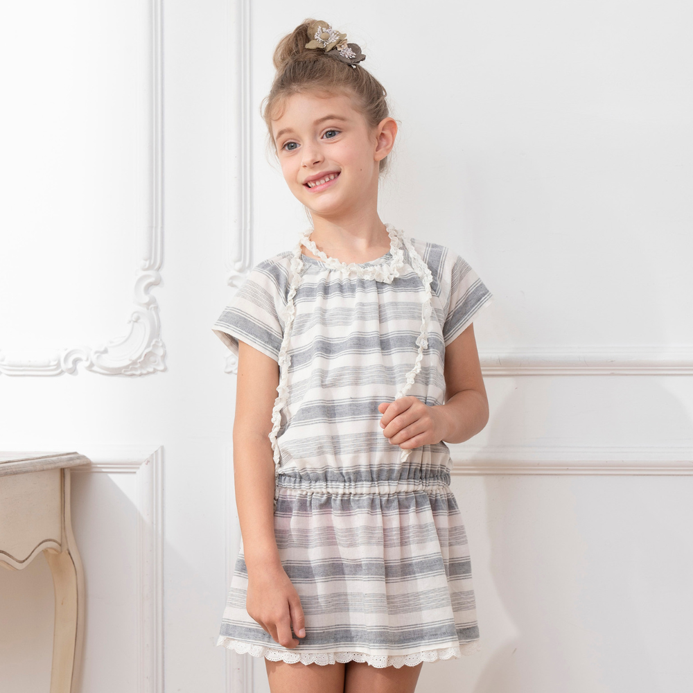 PIPPY清爽橫條純棉連身裙洋裝 灰