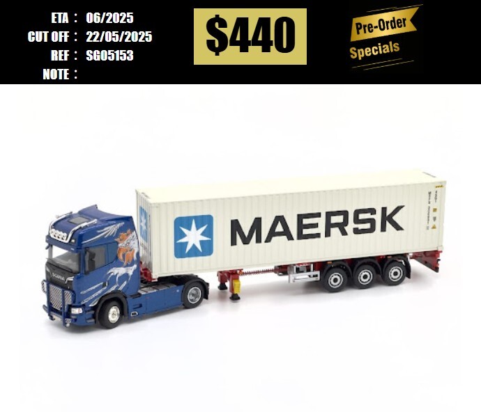PO-$440 * SONIC GEAR * 1:64 SCANIA 730S BLUE CABIN + 40FT MAERSK CONTAINER [OD15/05]