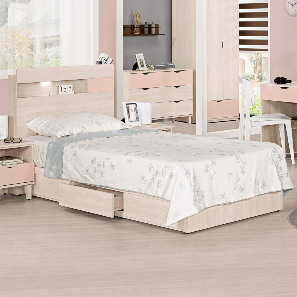 斯緹3.5尺粉色單人抽屜床組(LED燈床頭片+三抽收納床底-不含床墊)