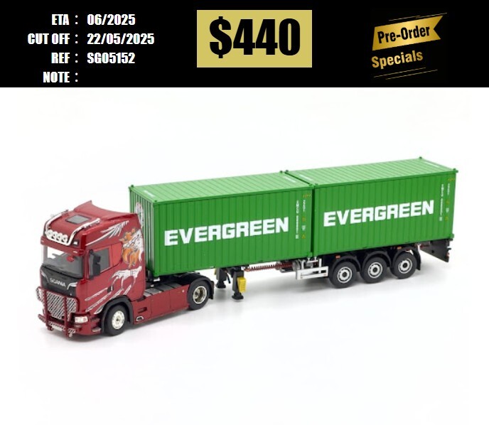 PO-$440 * SONIC GEAR * 1:64 SCANIA 730S RED CABIN + 2 X 20FT EVERGREEN CONTAINER [OD15/05]