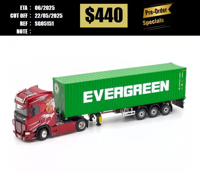 PO-$440 * SONIC GEAR * 1:64 SCANIA 730S RED CABIN + 40FT EVERGREEN CONTAINER [OD15/05]