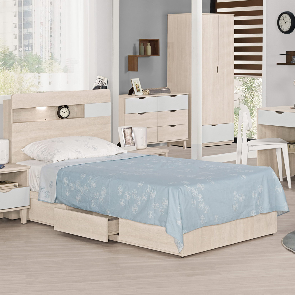 斯緹3.5尺藍色單人抽屜床組(LED燈床頭片+三抽收納床底-不含床墊)