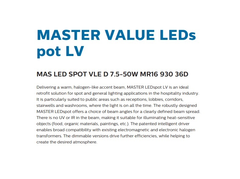 飛利浦 MASTER LED SPOT 7.5-50W 7.5W GU5.3 36 光束角 930 可調光