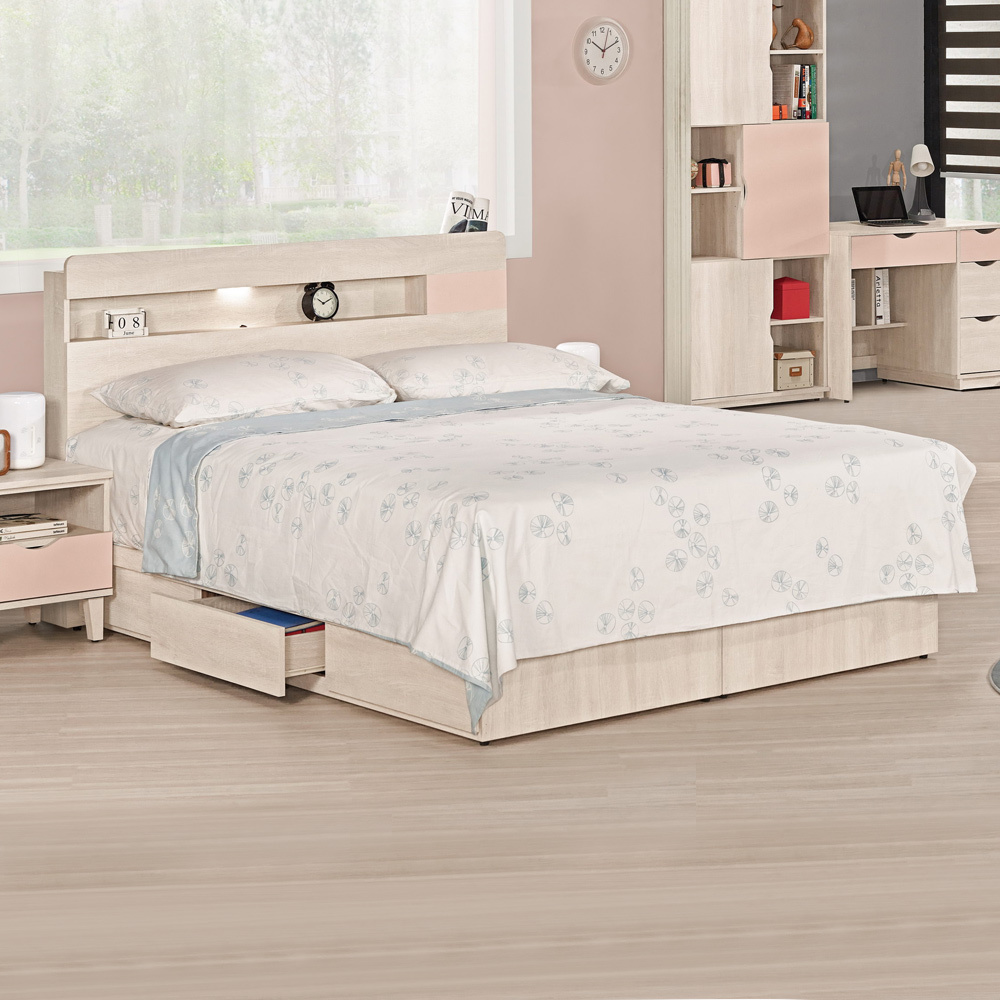 斯緹5尺粉色雙人抽屜床組(LED燈床頭片+三抽收納床底-不含床墊)