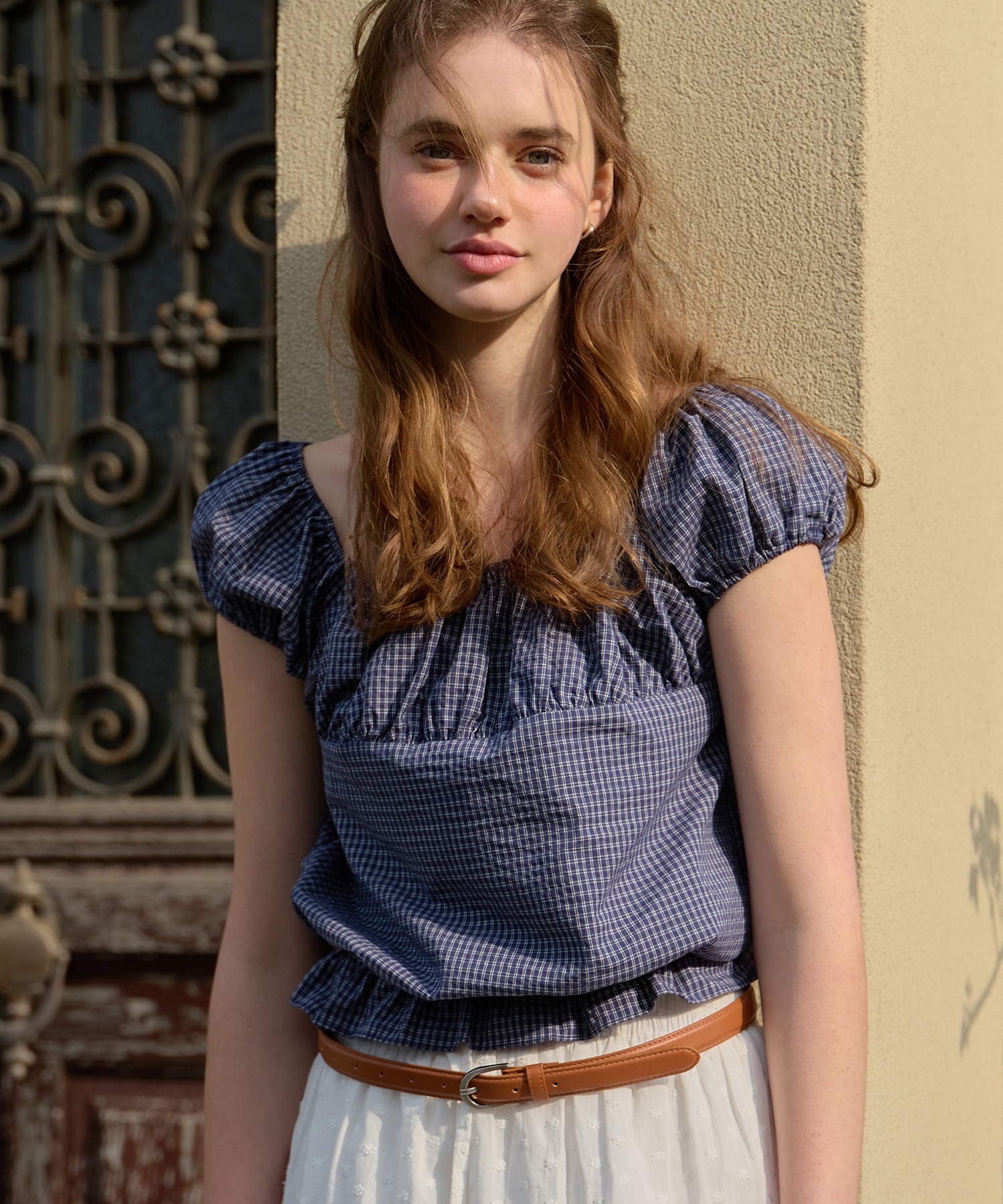 Letter From Moon Monte Banding Frill Check Blouse