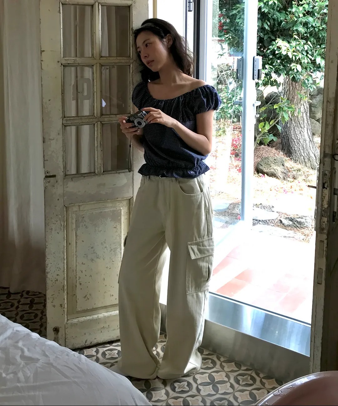 Letter From Moon Monte Banding Frill Check Blouse