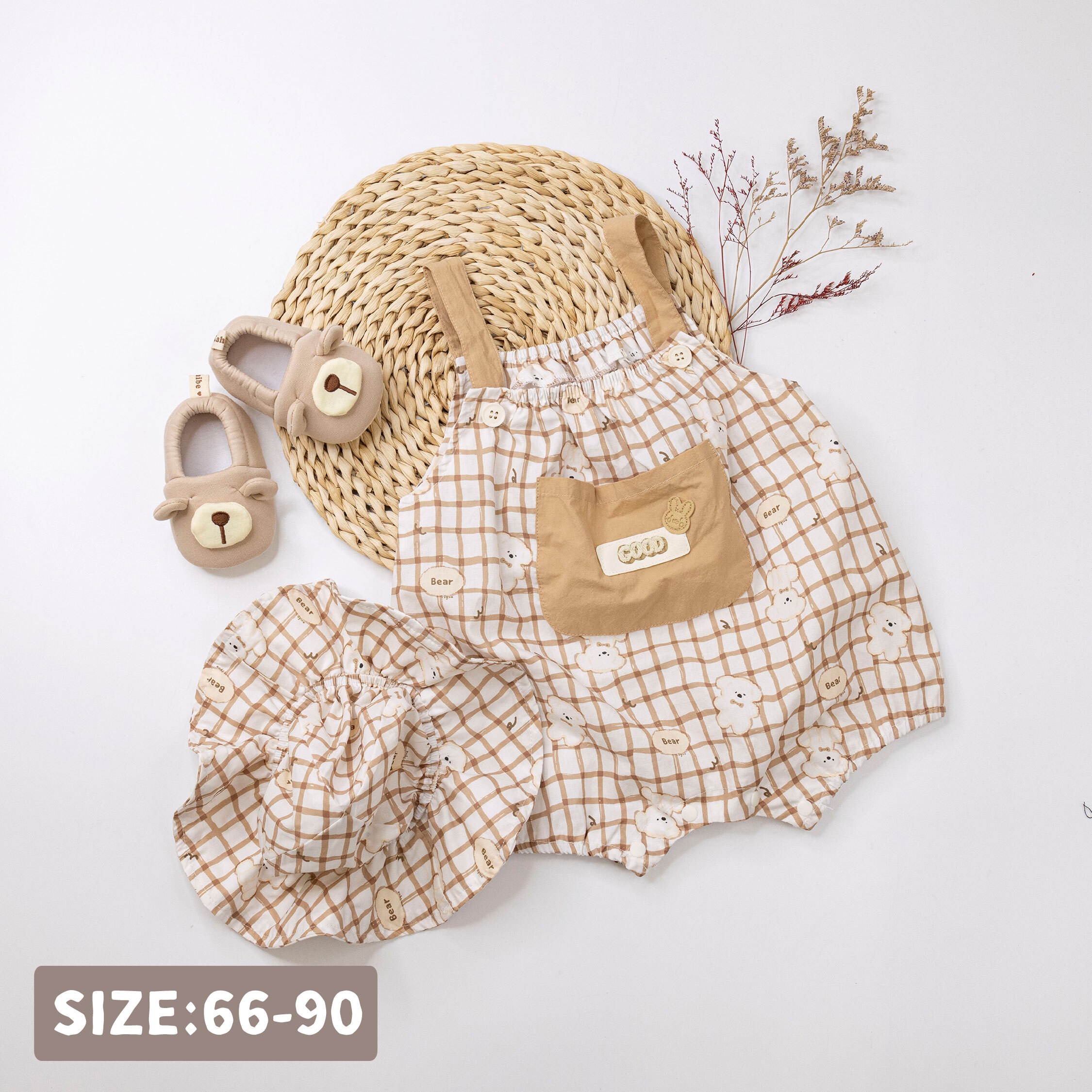 【JG0490】可愛熊熊玩偶印花格紋套裝(帽+衣)