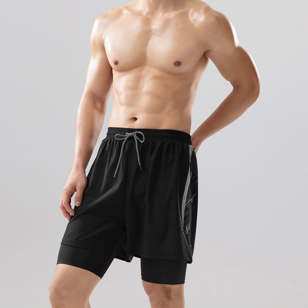 男士印花內襯游泳沙灘褲 - 黑