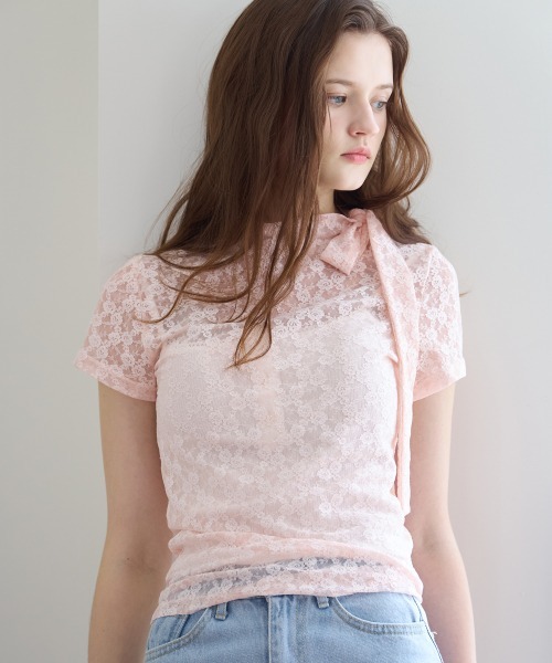 Letter From Moon Blin High Neck Flower See-Through Top
