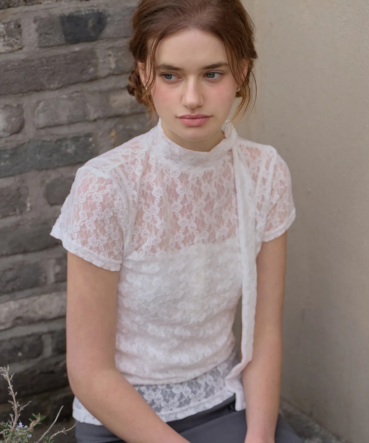 Letter From Moon Blin High Neck Flower See-Through Top