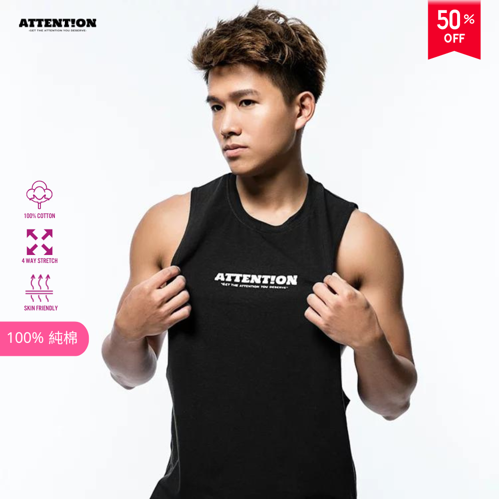 【黑色燙銀款】Attention 運動挖背背心