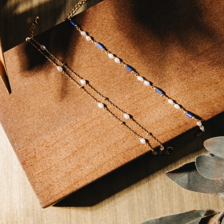 靜夜落海的溫柔 青金石 天然珍珠 長條細珠 鈦鋼手鏈