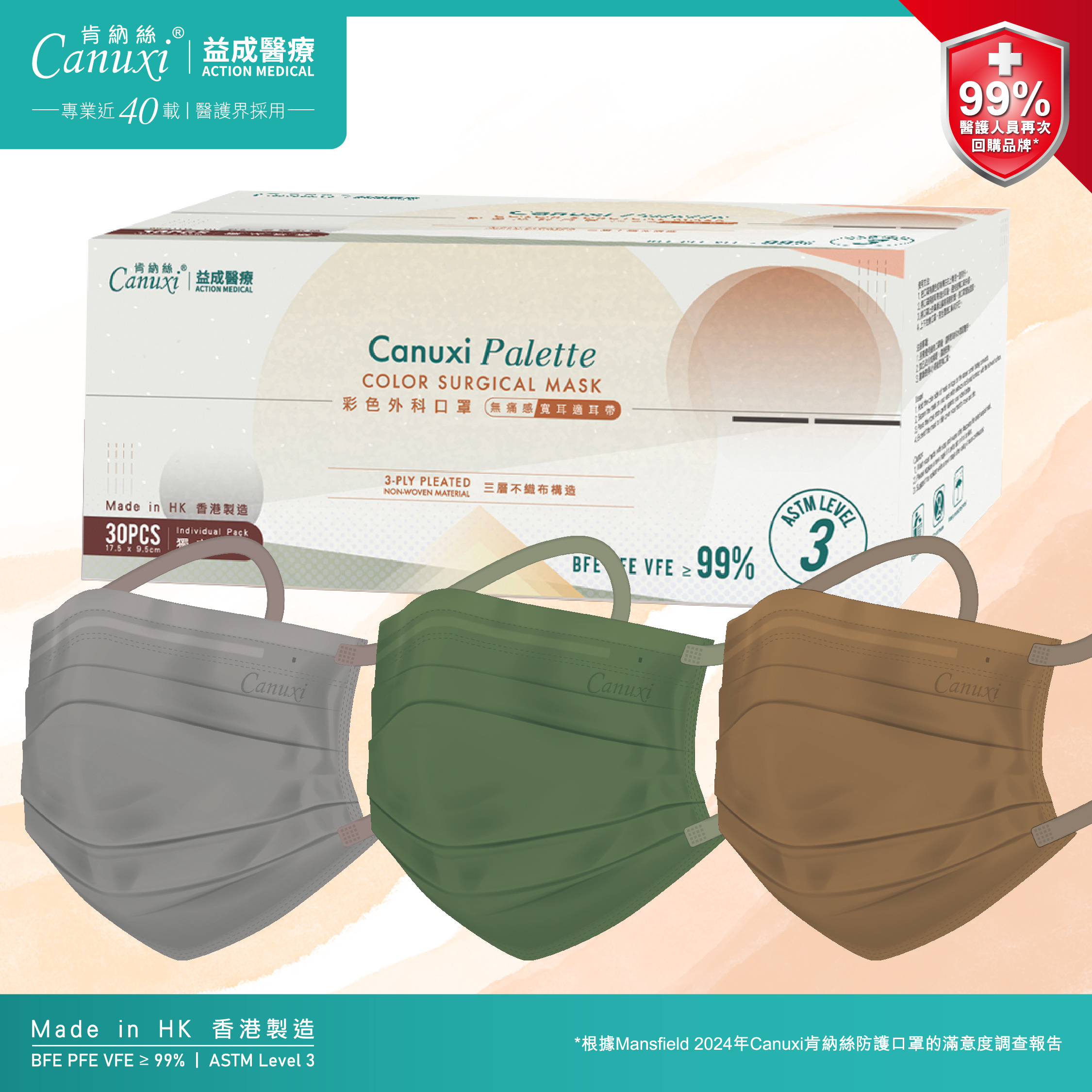 【再度推出】限量版 X Canuxi Palette 高透氣3色外科耳掛式口罩 ASTM Level 3 (獨立包裝)