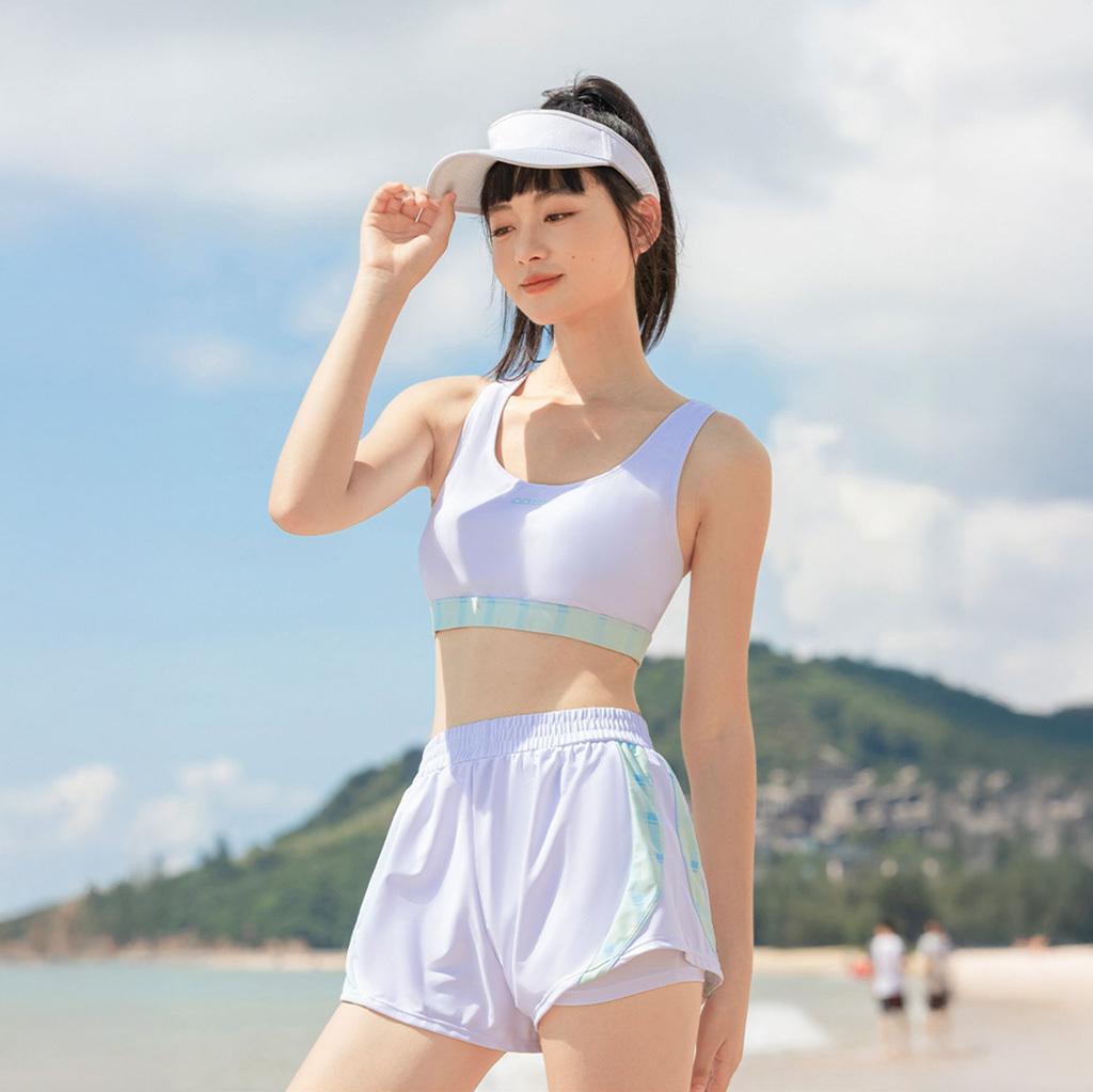 女士游泳 Bra Top 短褲連外罩上衣三件套裝 - 白/綠