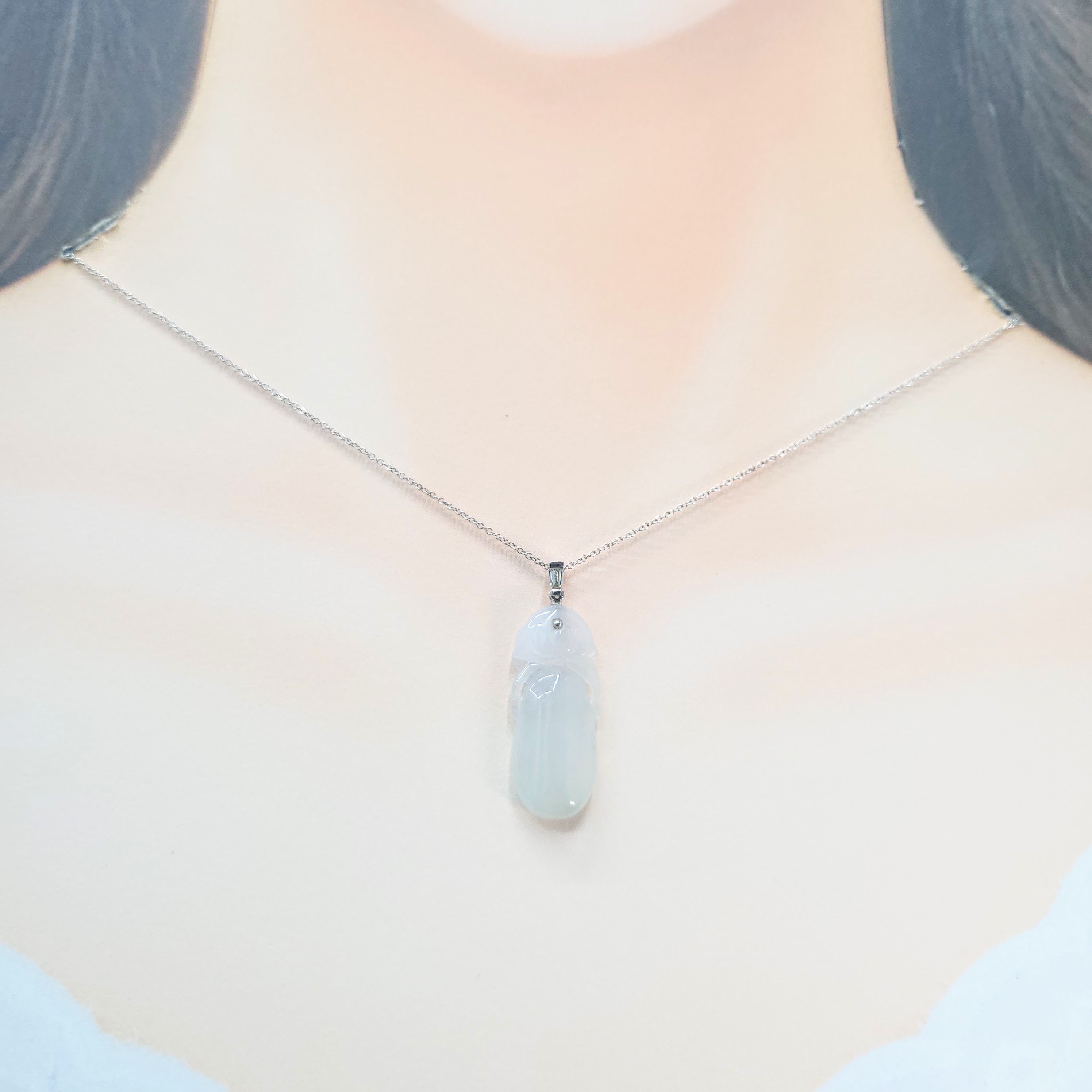 全新18K白金7份鑽石翡翠吊墜