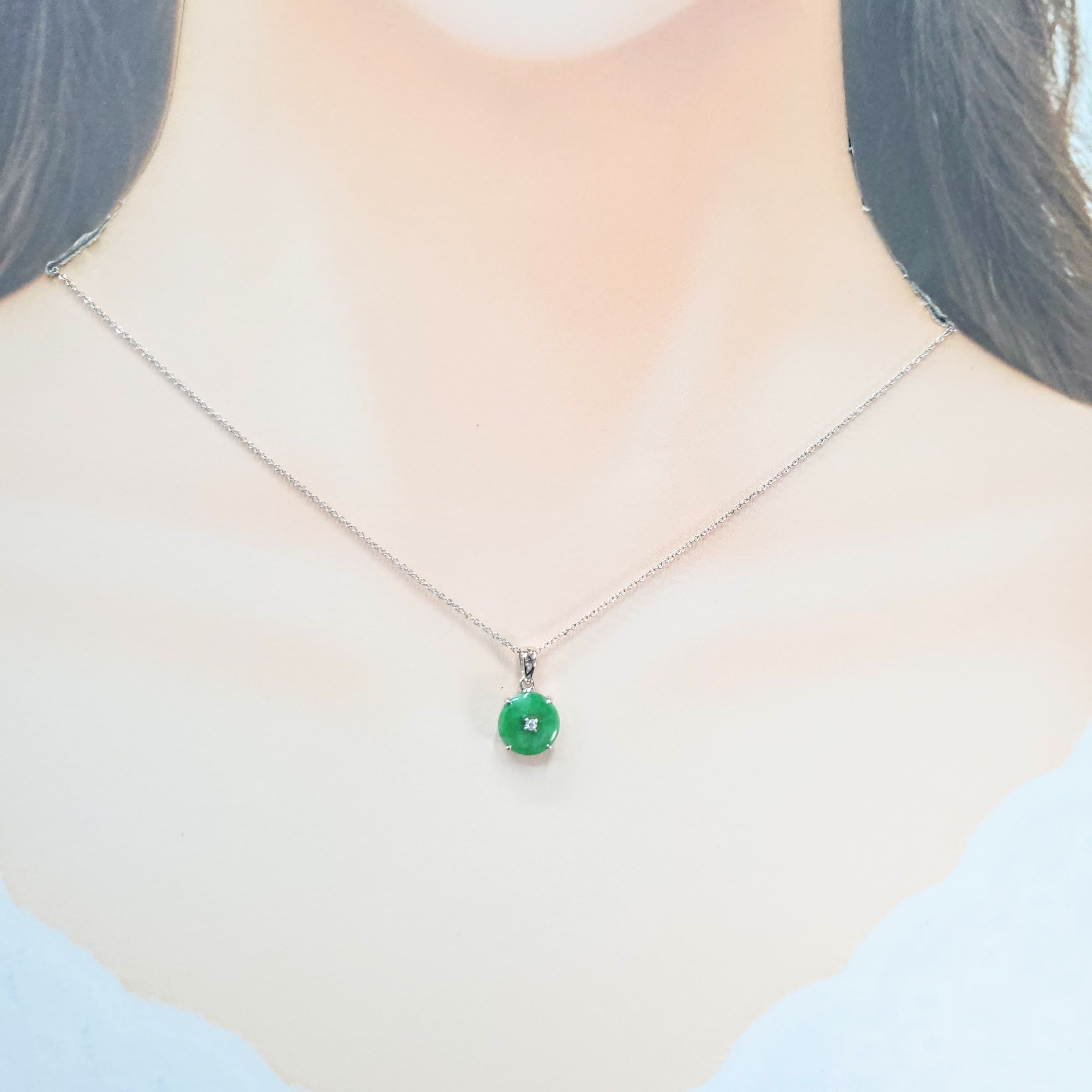 全新18K白金1份鑽石翡翠吊墜