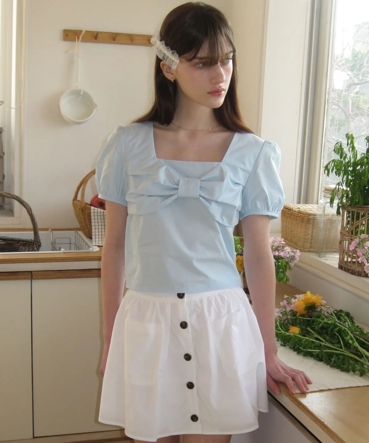 Letter From Moon Front Ribbon Square Neck Blouse